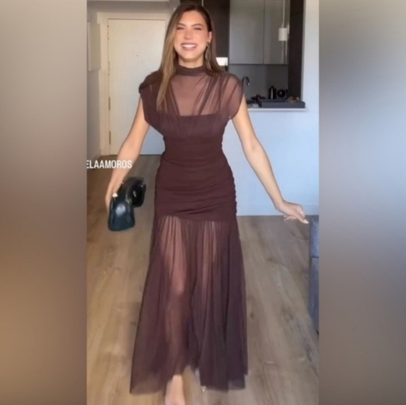 Zara Brown Draped Maxi Dress with Sheer Skirt - Picture 7 of 16